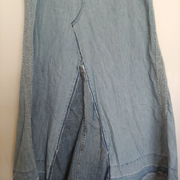 Reba Maxi denim skirt embroidery & contrasting fabric patch pockets size 12 zip - Picture 2 of 16
